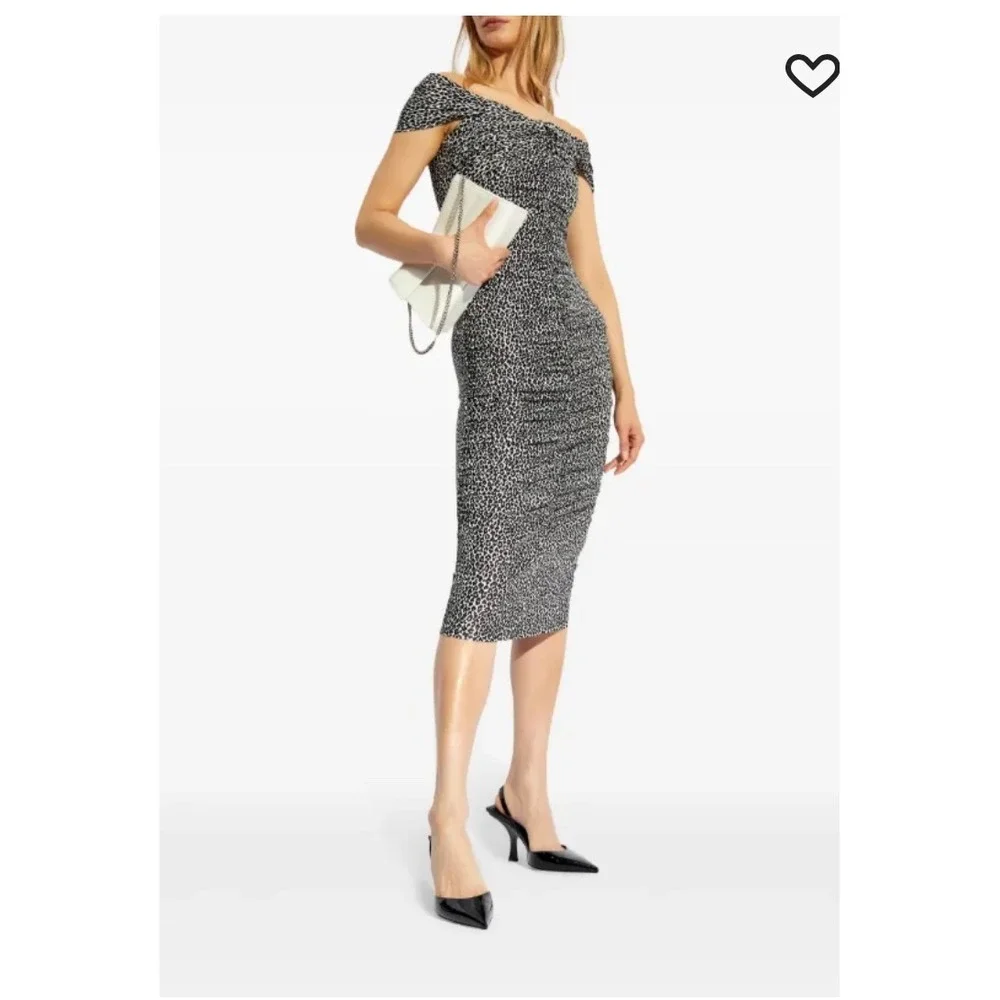 Michael Kors‎ Aluminum Animal Print Off Shoulder Ruched Midi Dress - Size L